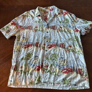 Island Shores Hawaiian Lobster Fishing Boat Men's L Shirt Rayon Button Up Blue